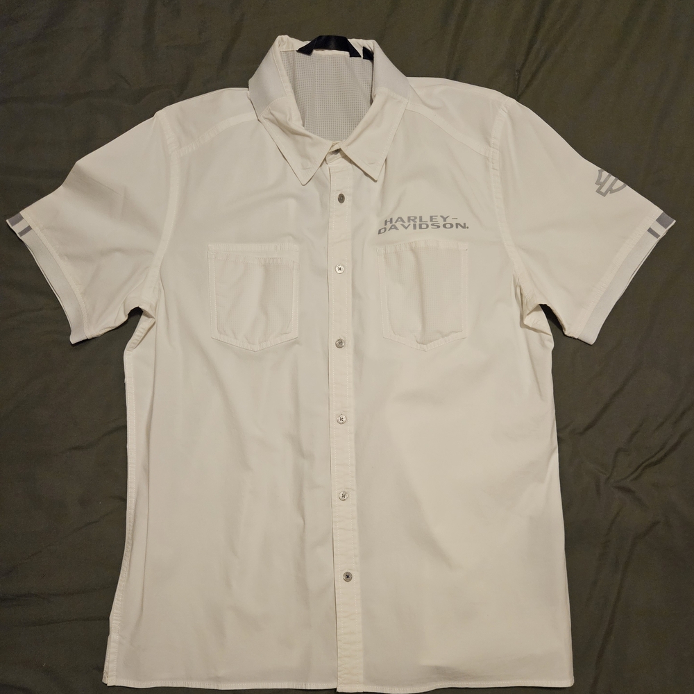 Harley-Davidson White Short-Sleeve Casual Button-Down Shirt with Chest Pockets